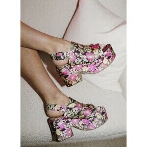 Free People Nicola Wedge Sandal Ditsy Floral Satin Platform Tan Brown 36 5.5-6